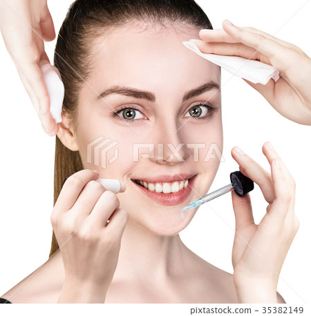 Woman surrounded by cosmetics devices. Woman surrounded by cosmetics devices. 35382149