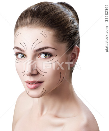 Massage lines on beautiful woman's face. Massage lines on beautiful woman's face. 35382563