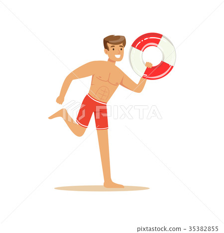 Male lifeguard in red shorts runnning with Male lifeguard in red shorts runnning with 35382855