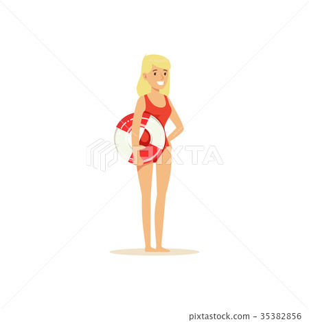 Female lifeguard in a red swimsuit standing with Female lifeguard in a red swimsuit standing with 35382856