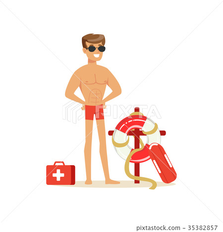Male lifeguard in red shorts with equipment on the Male lifeguard in red shorts with equipment on the 35382857