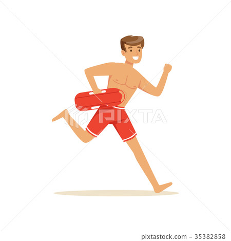 Male lifeguard in red shorts running with life Male lifeguard in red shorts running with life 35382858