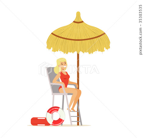Female lifeguard in a red swimsuit watching Female lifeguard in a red swimsuit watching 35383535