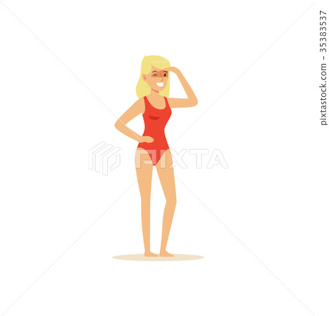 Female lifeguard in a red swimsuit looking into Female lifeguard in a red swimsuit looking into 35383537