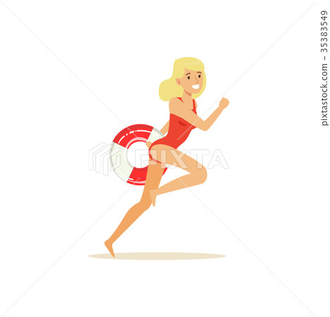 Female lifeguard in a red swimsuit runnning with Female lifeguard in a red swimsuit runnning with 35383549