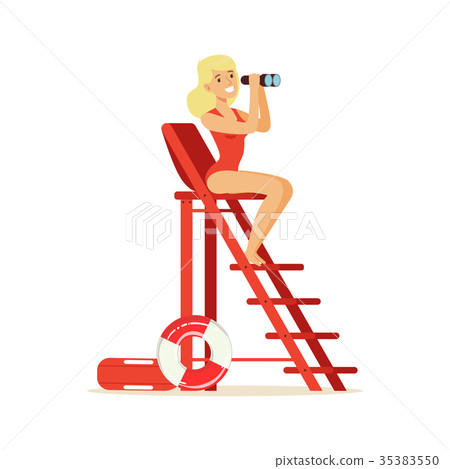 Lifeguard girl in a red swimsuit sitting on Lifeguard girl in a red swimsuit sitting on 35383550
