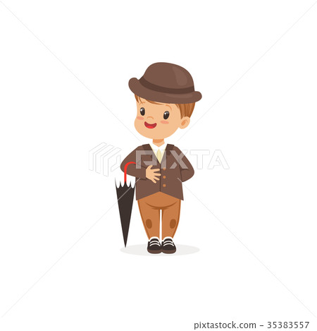 Cute little boy wearing brown suit and hat holding 35383557