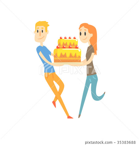 Young couple holding festive cake cartoon vector Young couple holding festive cake cartoon vector 35383688