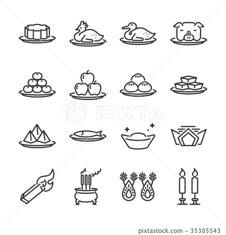 Chinese Ancestor Worship line icon set. 35385543