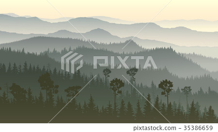 Horizontal illustration of misty forest hills. 35386659