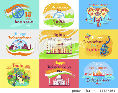 Indian Independence Day Celebration Emblems Set 35387363