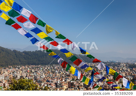Buddhist prayer flags against the backdrop of the Buddhist prayer flags against the backdrop of the 35389209