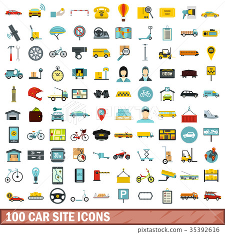 100 car site icons set, flat style 35392616