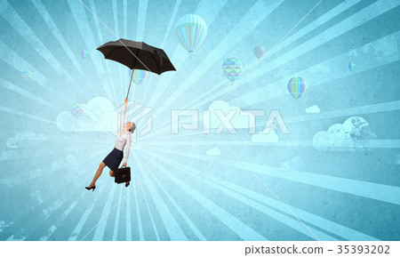 Woman fly on umbrella Woman fly on umbrella 35393202