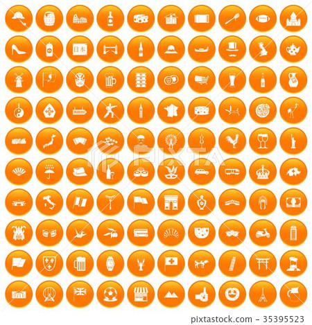 100 tourist attractions icons set orange 100 tourist attractions icons set orange 35395523
