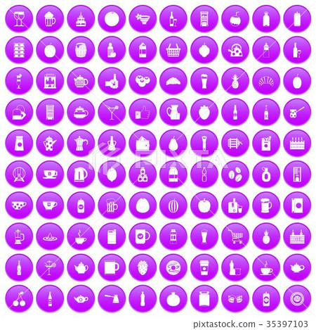 100 beverage icons set purple 35397103