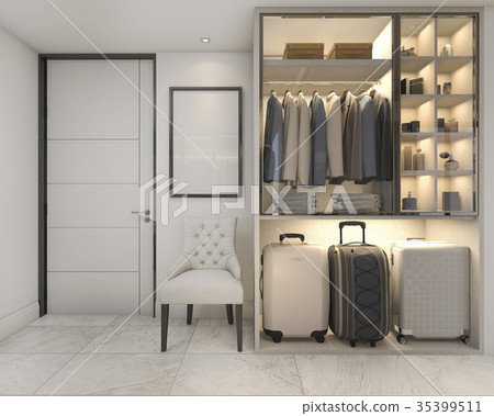 white walk in closet with golden decor  35399511