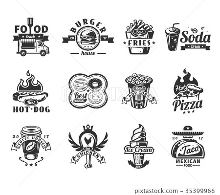Set of black fast food icons, badges 35399968