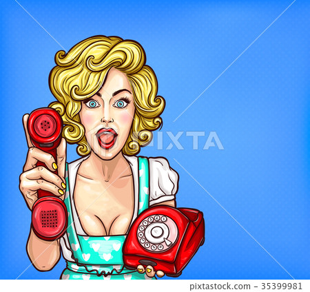 Pop art blonde girl with a retro phone surprised Pop art blonde girl with a retro phone surprised 35399981