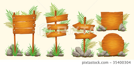 Set of cartoon wooden signs of various forms Set of cartoon wooden signs of various forms 35400304