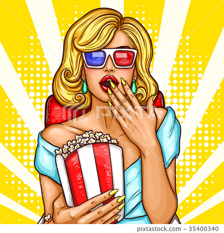 pop art excited blond woman sitting in the 35400340