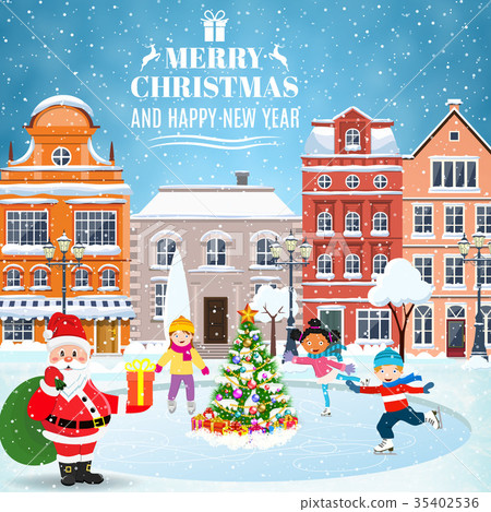 Christmas postcard with vintage street Christmas postcard with vintage street 35402536