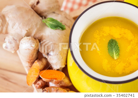 a cup of Turmeric Tea with lemon and ginger 35402741