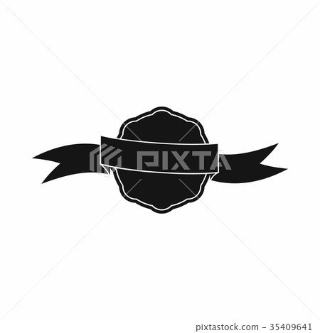 Black award rosette with ribbon icon, simple style 35409641