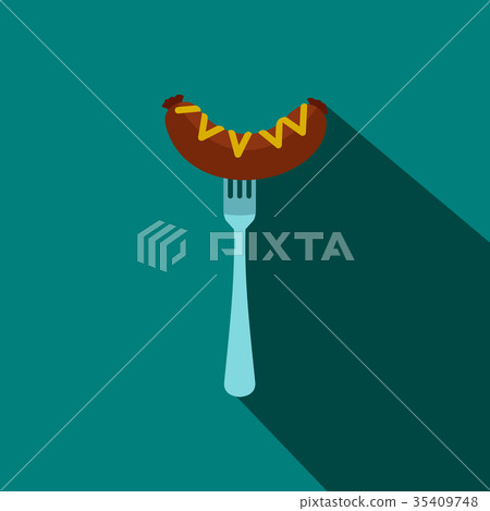 Sausage on a fork with mustard icon, flat style 35409748