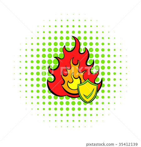 Fire and shield with tick icon, comics style 35412139