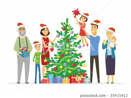 Happy family decorates Christmas tree - cartoon 35415412