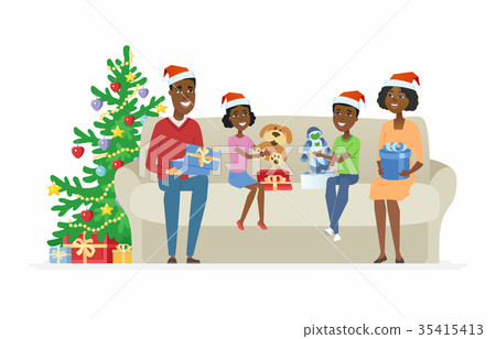Happy African family open Christmas presents - 35415413