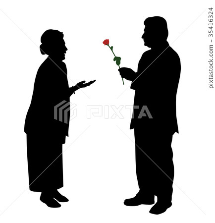 Senior man giving red rose to woman or wife Senior man giving red rose to woman or wife 35416324