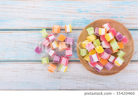 closeup colorful candy and jelly sweet on wooden 35420460