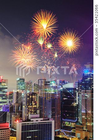 firework over cityscape of Singapore city at night 35421066