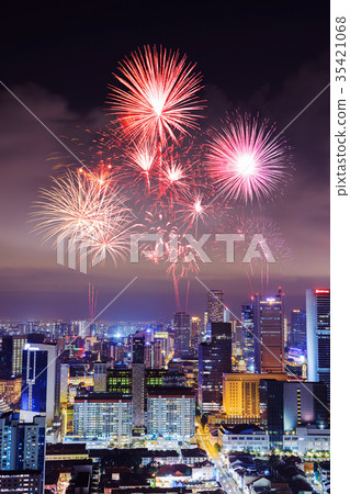 firework over cityscape of Singapore city at night 35421068