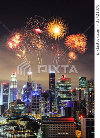 firework over cityscape of Singapore city at night 35421070