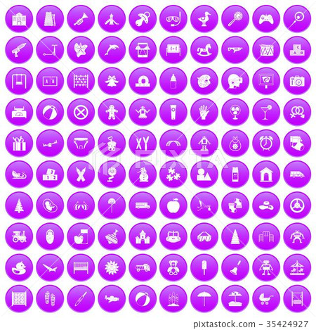 100 childhood icons set purple 35424927