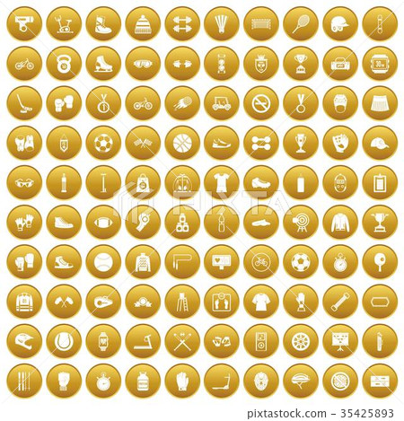 100 sport accessories icons set gold 35425893