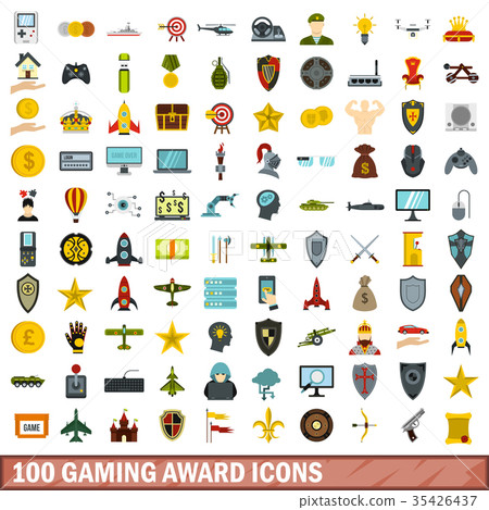 100 gaming award icons set, flat style 35426437