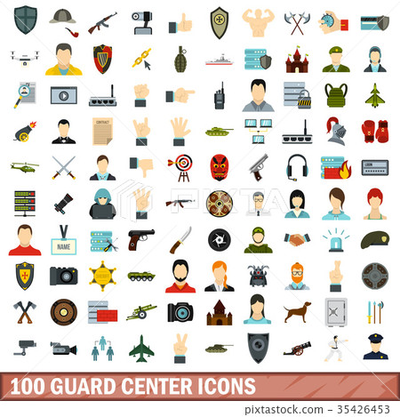 100 guard center icons set, flat style 35426453