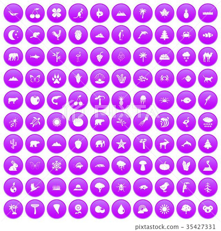 100 nature icons set purple 35427331