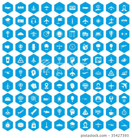 100 aviation icons set blue 35427393