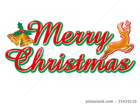 Red cursive merry christmas logo bell and reindeer | Merry Christmas logo 35429116
