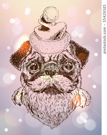 Vector sketch of cute pug puppy with Santa hat - Stock Illustration ...