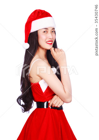 woman thinking in Santa Claus clothes isolated on white backgrou 35430746