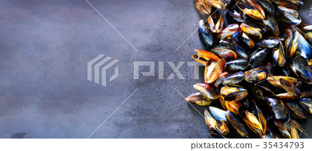 Mussels on stone concrete background. Top view 35434793