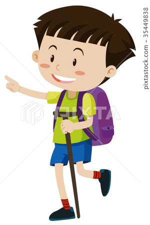 Boy with backpack and walking stick 35449838