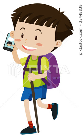 Little boy with purple backpack talking on phone 35449839
