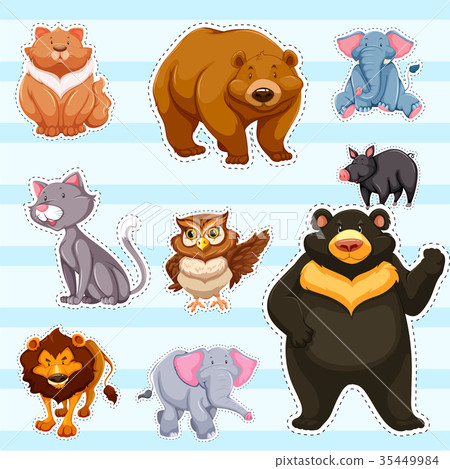 Sticker set for cute animals on blue background - Stock Illustration ...